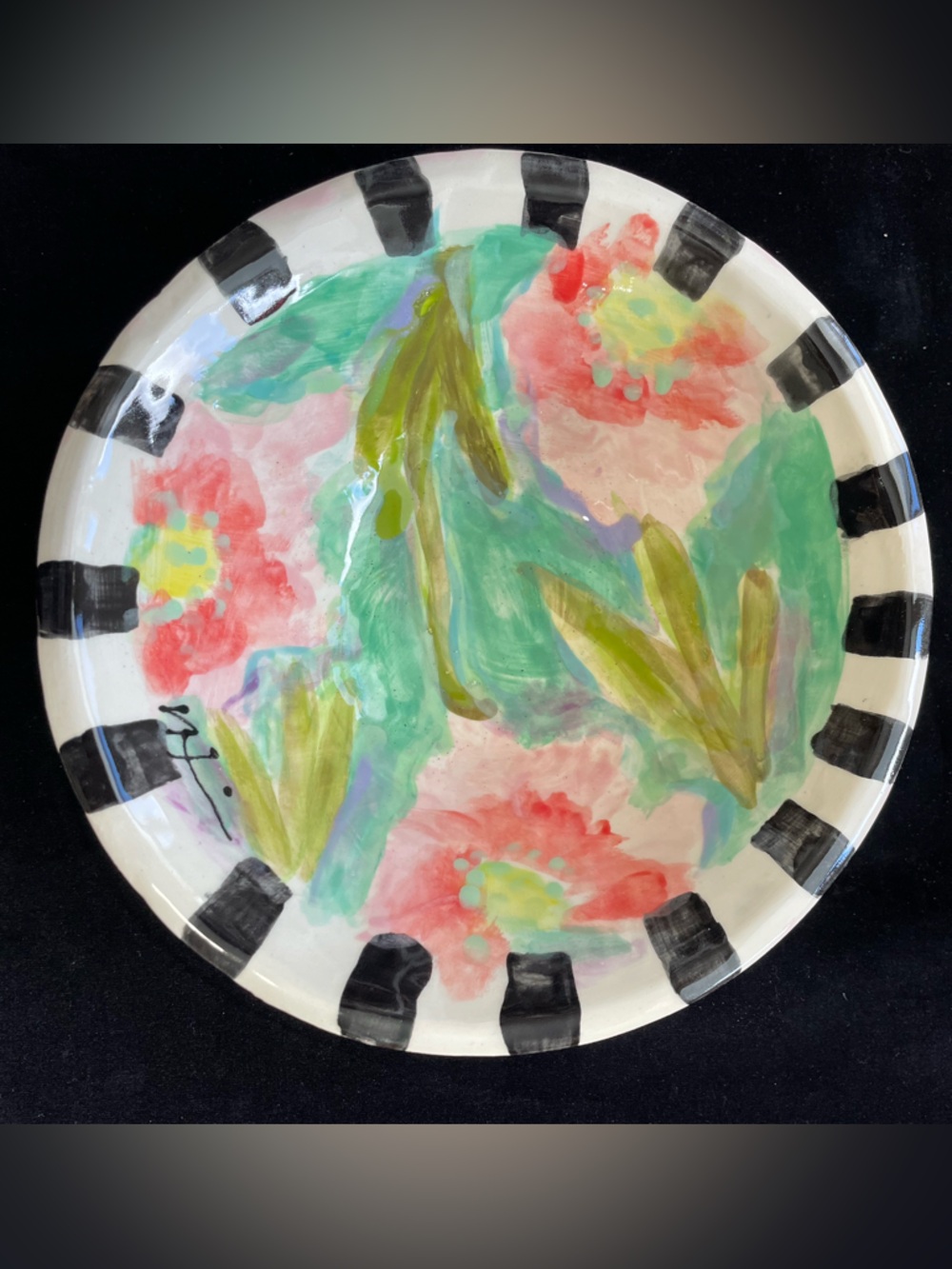 Handmade Deep Bowl” Pink Gerbera Daisies /Green“ 8x3”Original Design  Pottery
